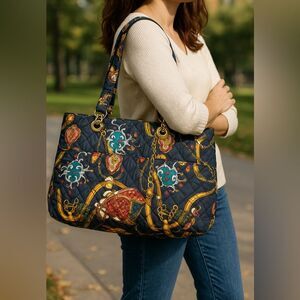 Vintage Kalencom Quilted Tote Bag Large Chain Print Shoulder Carryall Travel